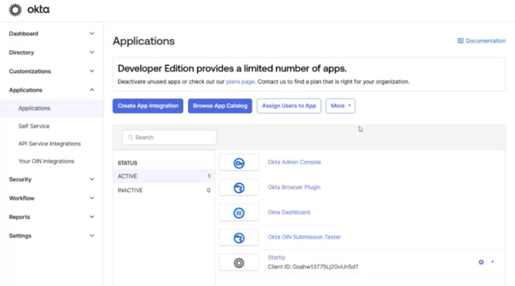 Okta Admin Console - Applications