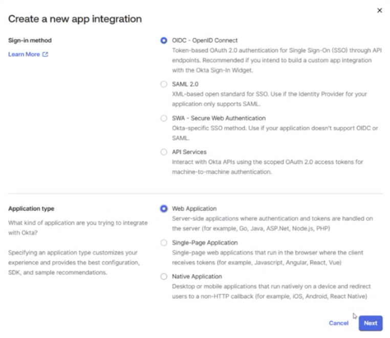 Create a New App Integration Settings